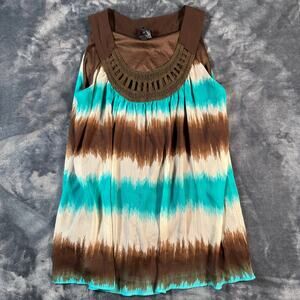 New Directions Sleeveless Blouse Women's Medium Brown Turquoise Tank Top